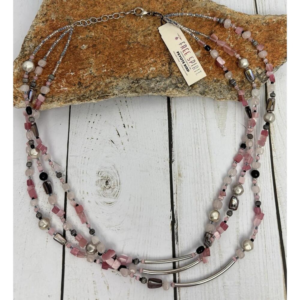 Peyote Bird Quartz Pearl Onyx Sterling 3Strand Necklace J218‎